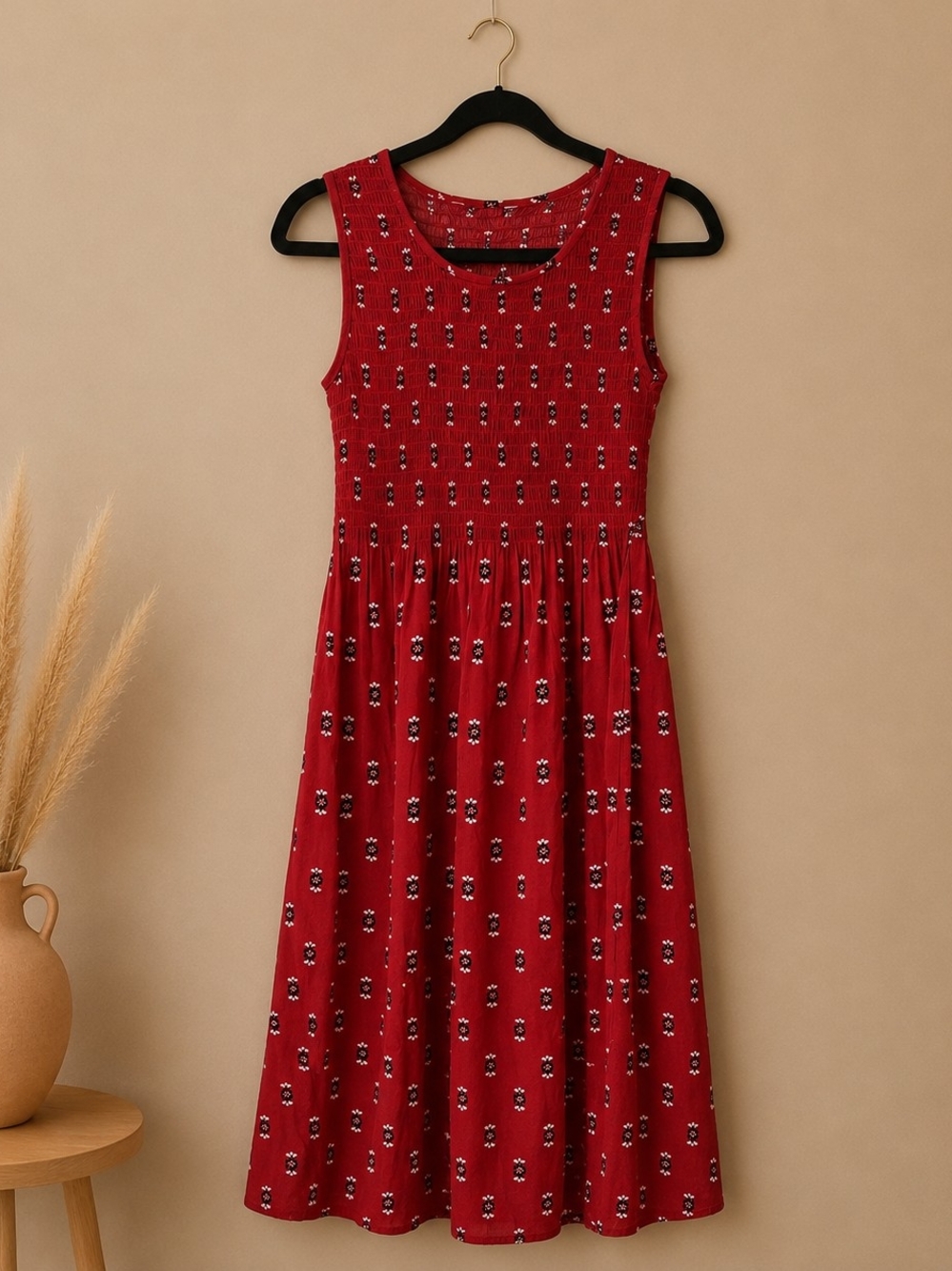 Red Floral Sleeveless Midi Dress - Women